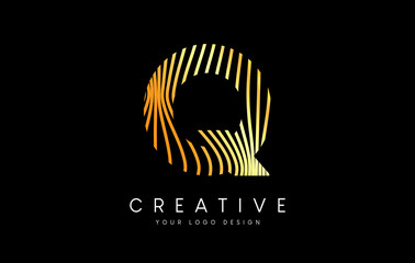 Warp Zebra Lines Letter Q logo Design with Golden Lines and Creative Icon Vector