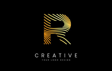 Warp Zebra Lines Letter R logo Design with Golden Lines and Creative Icon Vector