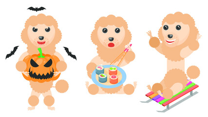 Set Abstract Collection Flat Cartoon Different Animal Pug Dogs Poodles With A Pumpkin And Bats Around, Sledding, Eating Sushi Vector Design Style Elements Fauna Wildlife