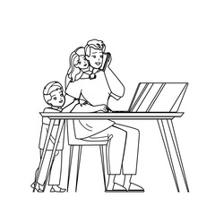 home work stress father vector. family office, dadd man and child, busy parent, computer laptop haos, quarantine home work stress father character. people black line pencil drawing vector illustration