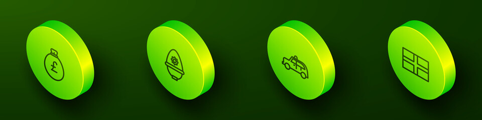 Set Isometric line Money bag with pound, British police helmet, Taxi car and Flag of England icon. Vector