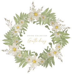 Watercolor rustic wild flowers and daisy chamomiles greenery frame wreath for wedding stationary