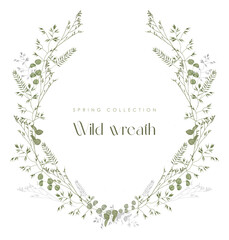 Watercolor rustic wild flowers and greenery frame wreath for wedding stationary