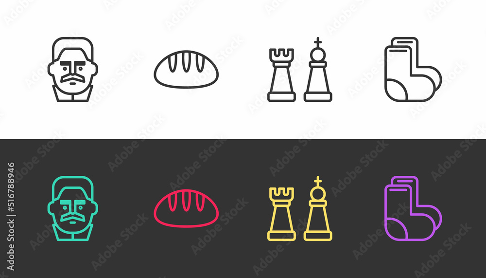 Sticker Set line Joseph Stalin, Bread loaf, Chess and Valenki on black and white. Vector