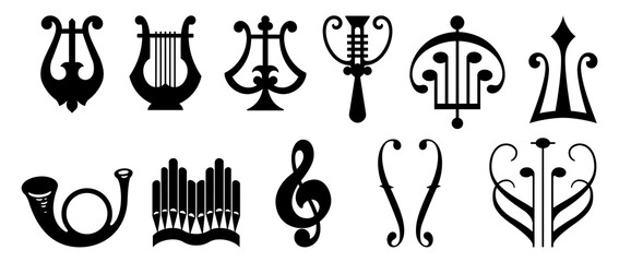 Set of Musical Annotations. Music Note Elements Concept. Musical Symbols. Treble Clef. Harp Silhouette. Trumpet, Lyre Vector. Shapes. Musical Instruments.