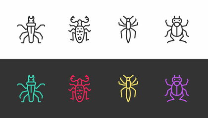 Fototapeta na wymiar Set line Termite, Beetle deer, Spider and bug on black and white. Vector