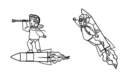 Obraz premium imagination kid vector. dream girl boy, fun play person, success pilot, space idea travel, freedom imagination kid character. people black line pencil drawing vector illustration