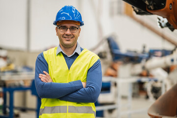 portrait of caucasian middle aged man with glasses, factory engineer, logistics worker