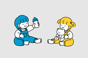 Cute Cartoon Happy Toddlers. Vector illustration isolated on background.