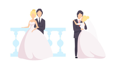 Newlyweds Couple as Just Married Male and Female in Wedding Dress and Suit Standing Together Vector Set