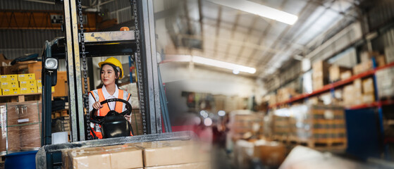 Portrait of a woman working with a forklift in a warehouse.