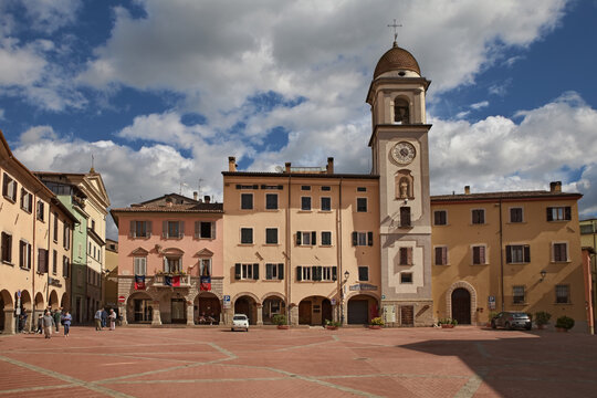 Rocca San Casciano, Forli Cesena, Emilia Romagna, Italy: the main square Piazza Garibaldi with the ancient clock tower in the old town of the picturesque village on the hills. April 24, 2022