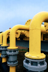 Gas pipes oil energy. Yellow gas pipeline energy equipment. Fuel power technology. Safety valve in gas pipe industry.