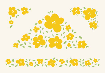 Elements primitive yellow flowers. Collection of colorfully decoration. Hand drawn, boho style, retro design. Set of shapes for web, scrapbooking, stickers, wallpaper, poster. Mini leafs.