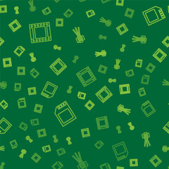 Set line Camera roll cartridge, SD card and Photo camera on seamless pattern. Vector