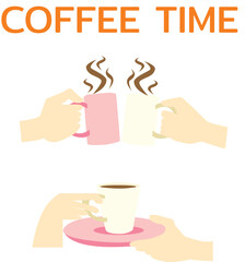 Coffee time resting for employees clinking coffee mugs holding coffee mugs vector illustration
