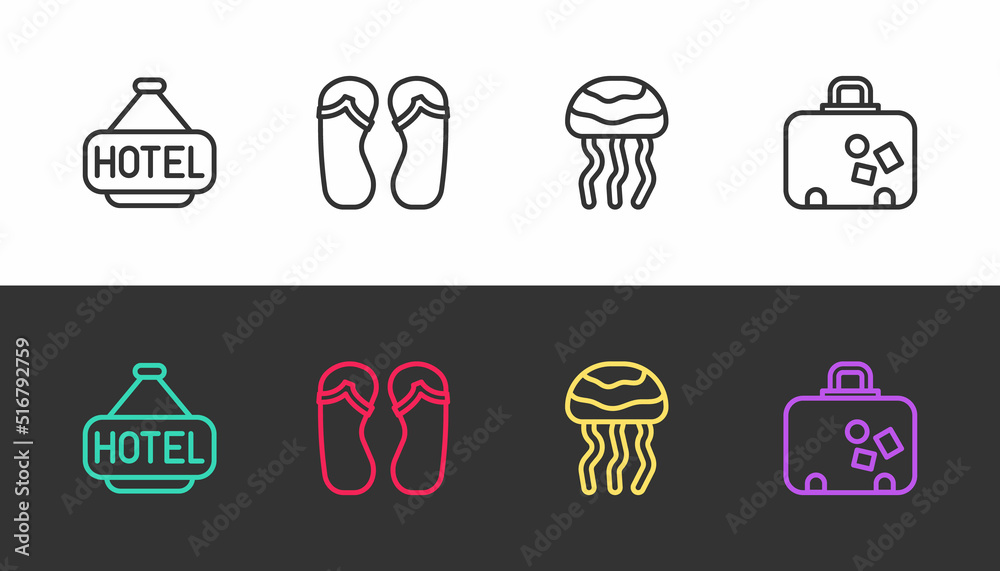 Sticker Set line Signboard with text Hotel, Flip flops, Jellyfish and Suitcase on black and white. Vector