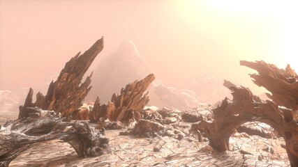 Scene from the red planet mars  background . Surface exploration of cosmos and other life forms, desert universe. 3D render 
