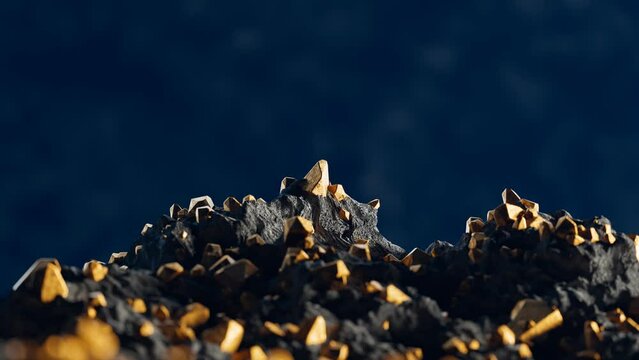 Gold pieces in the rocks. A gold mine. Noble metal. Golden nuggets. Gold ore.