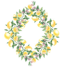 Watercolor frame of lemons on a white background
