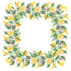 Watercolor frame of lemons on a white background