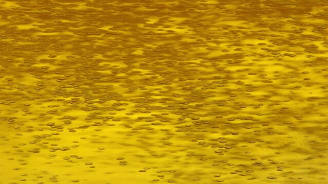 SLOW MOTION, VERTICAL, MACRO, DOF: Tiny co2 bubbles float around the golden beer getting poured into a glass. Yellow carbonated beverage bubbles inside a transparent glass. Bubbling pale ale in a mug.