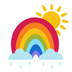 Bright rainbow with sun and clouds with rain