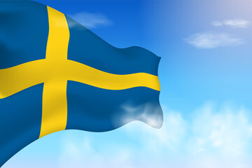 Sweden flag in the clouds. Vector flag waving in the sky. National day realistic flag illustration. Blue sky vector.