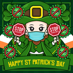Happy st patricks day social media poster template with cute cartoon character of leprechaun