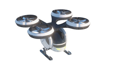 A white unmanned passenger drone taxi flying. 3D render  - obrazy, fototapety, plakaty