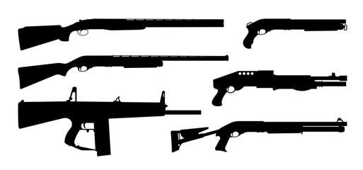 Weapons silhouette set. Collection of various shotguns. Vector illustration