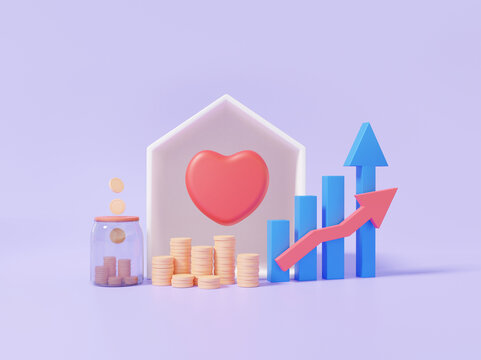 Heart family house estate financial earning funding concept. Economics finance education. growth arrow target. tax, deposit, save money cost reduction on pastel background. 3d rendering