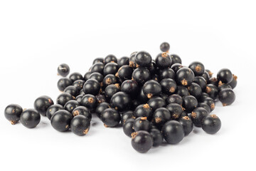 Isolated berries. Five falling black currant fruits isolated on white background with clipping path