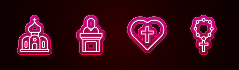 Set line Church building, pastor preaching, Christian cross heart and Rosary beads religion. Glowing neon icon. Vector