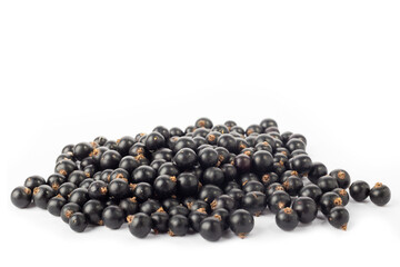 Isolated berries. Five falling black currant fruits isolated on white background with clipping path