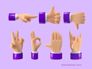 3d hands icon set. Cartoon style hands gestures. Vector realistic illustration.