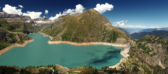 Fototapeta na wymiar Panoramic view of Mountain lake Emosson with Dam, Valais, Switzerland, Swiss Alps, Barrage d'Emosson.