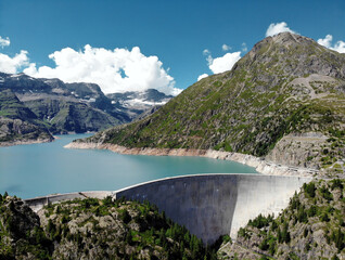 Panoramic view of Mountain lake Emosson with Dam, Valais, Switzerland, Swiss Alps, Barrage...
