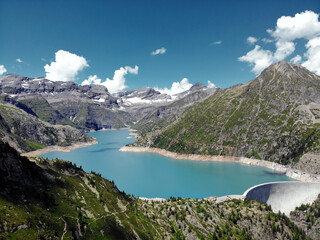 Obraz na płótnie Canvas Panoramic view of Mountain lake Emosson with Dam, Valais, Switzerland, Swiss Alps, Barrage d'Emosson.
