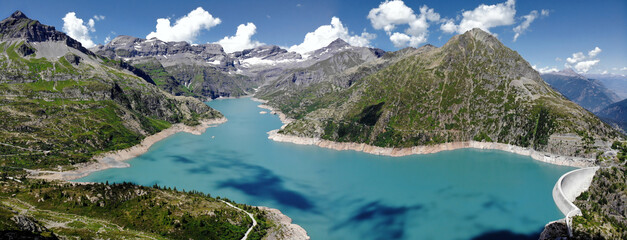 Panoramic view of Mountain lake Emosson with Dam, Valais, Switzerland, Swiss Alps, Barrage d'Emosson. - obrazy, fototapety, plakaty