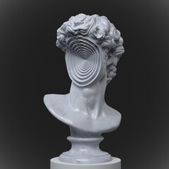 Abstract illustration from 3D rendering of anonymous white marble classical bust head on a pedestal with omitted face multiplied inside the hollow cavity and isolated on background.