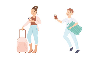 People going on vacation set. Man and woman tourists with suitcases and tickets cartoon vector illustration