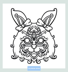 Rabbit head of an animals ornamental black and white drawing indian mandala