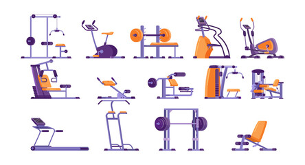 Gym training equipment cartoon illustration set. Treadmill, weight lifting and exercising machine, bicycle trainer. Fitness machine, sport, healthy lifestyle concept