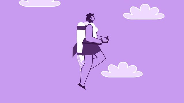 Purple Style Woman Flat Character Flies Up Out of Smartphone with Jetpack Backpack. Isolated Animation with Alpha Channel
