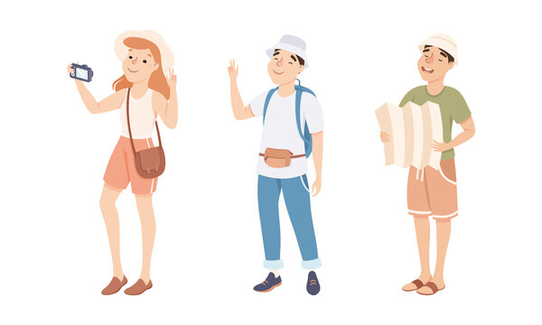 People travelling on summer vacation set. Tourists sightseeing with camera and map cartoon vector illustration