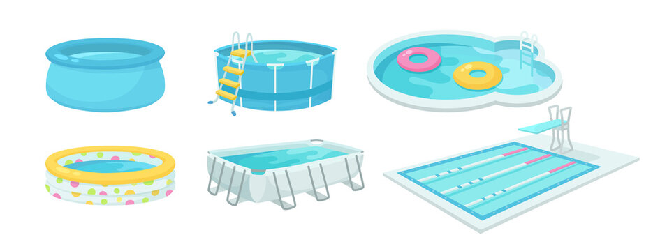 Swimming pools cartoon illustration collection. Various types of inflatable and outdoor pools for outside summer activity. Party, entertainment, recreation, sport concept