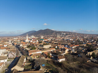 The town of Vrsac and the hills behind. Aerial photo.