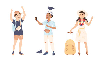 Fototapeta premium Happy people travelling on summer vacation set. Men and woman tourists with travel bag and camera cartoon vector illustration