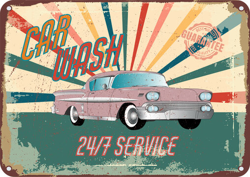car wash. pink vintage american car on vintage shabby background. vector illustration